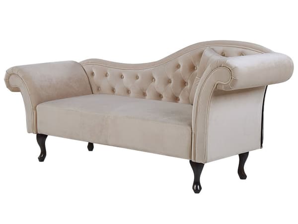 Divaani beige sametti verhoiltu puujalat oikeakätinen napitettu koristetyyny glamour tyyli