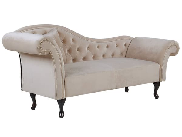 Divaani beige sametti verhoiltu puujalat vasenkätinen napitettu koristetyyny glamour tyyli