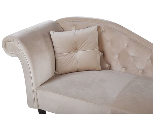 Divaani beige sametti verhoiltu puujalat vasenkätinen napitettu koristetyyny glamour tyyli