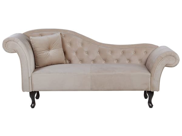 Divaani beige sametti verhoiltu puujalat vasenkätinen napitettu koristetyyny glamour tyyli