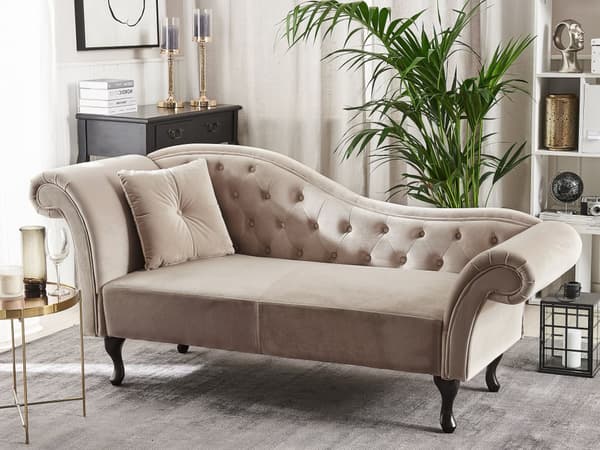 Schäslong Beige Sammet Knappar Tuftad Klädsel Vänstervänd med Kuddar