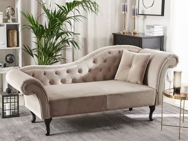 Schäslong Beige Sammet Knappar Tuftad Klädsel Högervänd med Kuddar