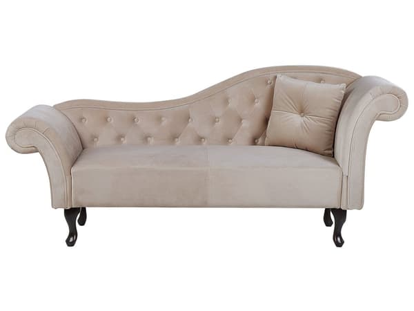 Schäslong Beige Sammet Knappar Tuftad Klädsel Högervänd med Kuddar