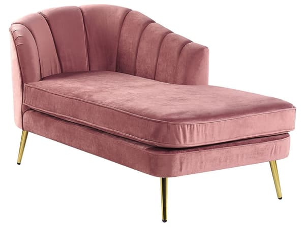 Chaiselong Lyserød Velour med Skumfyld og Guld Krom Metalben 75 x 150 x 76 cm Lille Hjørnesofa Open End Høj Ryg Venstrevendt Stueindretning