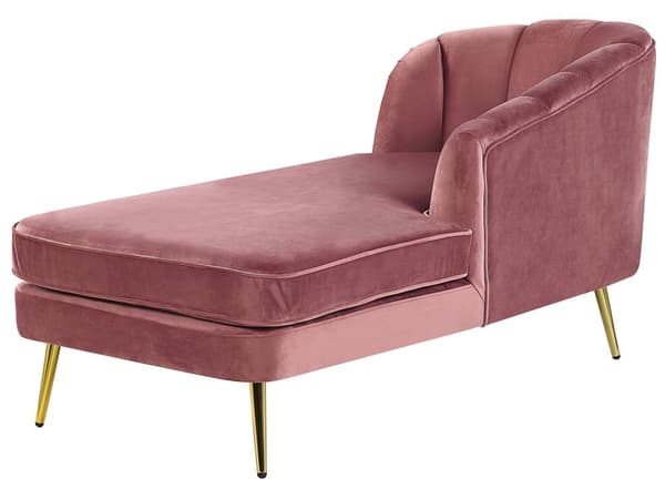 Chaiselong Lyserød Velour med Skumfyld og Guld Krom Metalben 75 x 150 x 76 cm Lille Hjørnesofa Open End Høj Ryg Venstrevendt Stueindretning