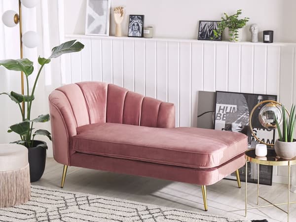 Chaiselong Lyserød Velour med Skumfyld og Guld Krom Metalben 75 x 150 x 76 cm Lille Hjørnesofa Open End Høj Ryg Venstrevendt Stueindretning
