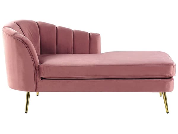Chaiselong Lyserød Velour med Skumfyld og Guld Krom Metalben 75 x 150 x 76 cm Lille Hjørnesofa Open End Høj Ryg Venstrevendt Stueindretning
