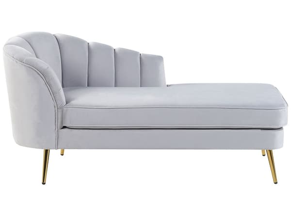 Chaiselong Lysegrå Velour med Skumfyld og Guld Krom Metalben 75 x 150 x 76 cm Lille Hjørnesofa Open End Høj Ryg Venstrevendt Stueindretning