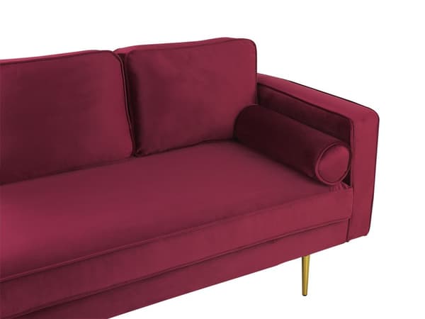 Sofa Chaiselong Rød Velour Guld Metalben Blød Hjørnesofa Daybed med Ryg Højrevendt Tilbehør Pude Stue Inspiration Glamour Eklektisk
