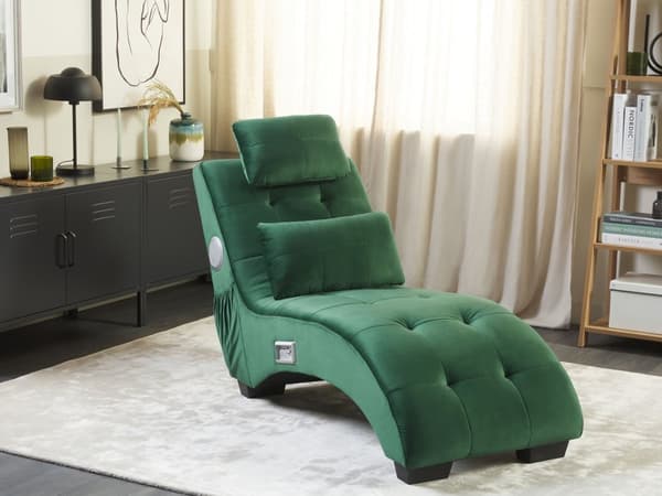 Chaiselong Smaragdgrøn Velour Indbygget Bluetooth Højttaler USB Oplader Moderne Design Buet 1 Person Sofa Dagligstue