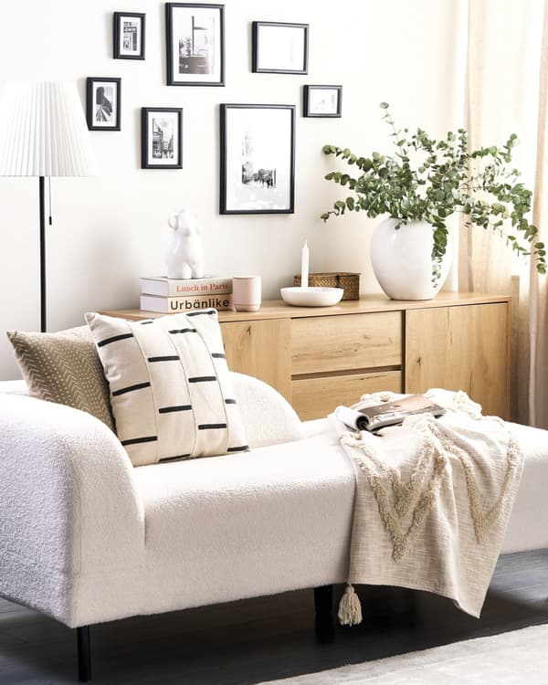 Chaiselong Hvid Boucle 2-personers Venstrevendt Kastepude Retro Minimalistisk