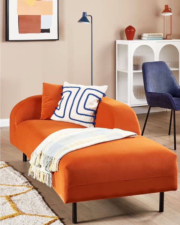 Chaiselong Orange Velour Venstrevendt Pyntepude Retro Minimalistisk