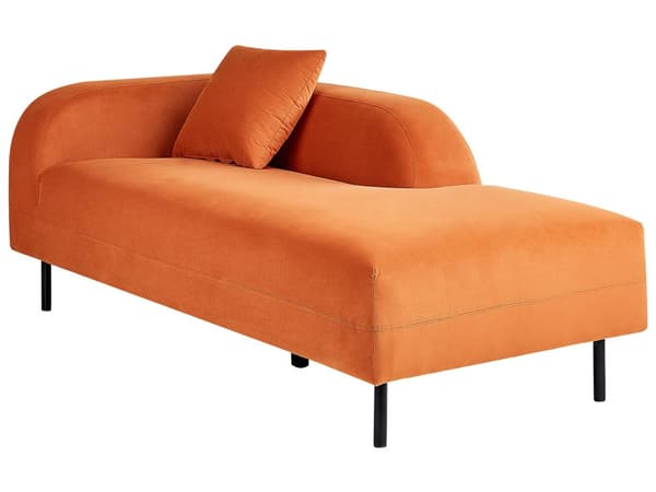 Chaiselong Orange Velour Venstrevendt Pyntepude Retro Minimalistisk