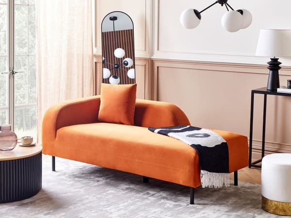 Chaiselong Orange Velour Venstrevendt Pyntepude Retro Minimalistisk
