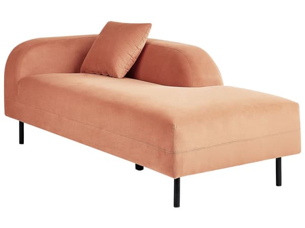 Divaani persikanpunainen samettiverhoilu rautajalat vasenkätinen koristetyyny kahdelle retro moderni