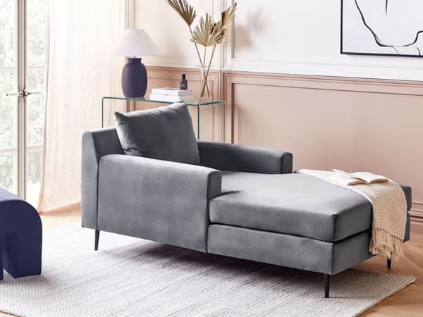 Schäslong Grå Sammetsklädsel Armstöd Kudde Nackstöd Modern Design Symmetrisk