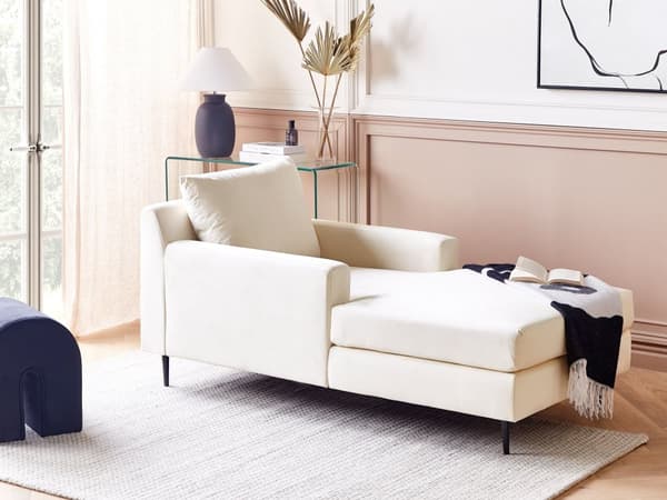 Schäslong Beige Sammetsklädsel Armstöd Kudde Nackstöd Modern Design Symmetrisk