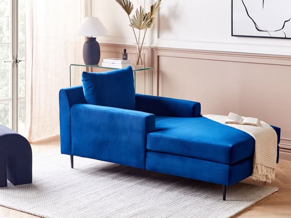 Chaiselong Mørkeblå Velour Polstring Armlæn Pude Ryglæn Moderne Design Symmetrisk