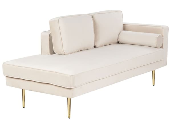 Chaiselong Beige Velour Guld Metalben Blød Moderne Daybed med Pølsepude Venstrevendt Tilbehør Inspiration Glamour Eklektisk Højrevendt