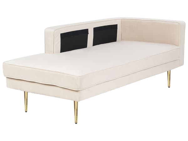 Chaiselong Beige Velour Guld Metalben Blød Moderne Daybed med Pølsepude Venstrevendt Tilbehør Inspiration Glamour Eklektisk Højrevendt