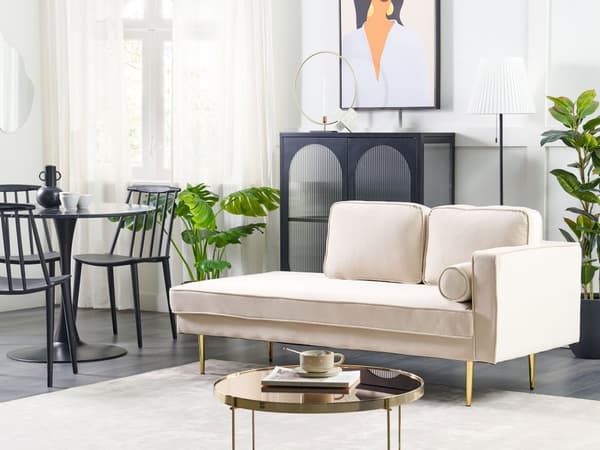 Chaiselong Beige Velour Guld Metalben Blød Moderne Daybed med Pølsepude Venstrevendt Tilbehør Inspiration Glamour Eklektisk Højrevendt