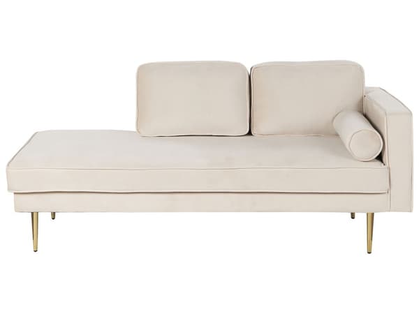 Chaiselong Beige Velour Guld Metalben Blød Moderne Daybed med Pølsepude Venstrevendt Tilbehør Inspiration Glamour Eklektisk Højrevendt