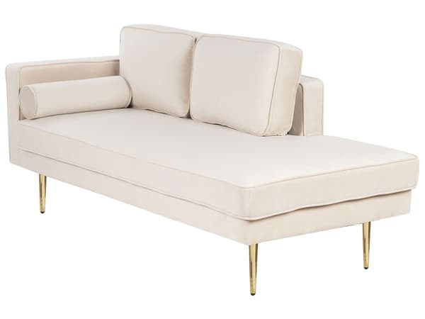 Chaiselong Beige Velour Guld Metalben Blød Moderne Daybed med Pølsepude Venstrevendt Tilbehør Inspiration Glamour Eklektisk Venstrevendt
