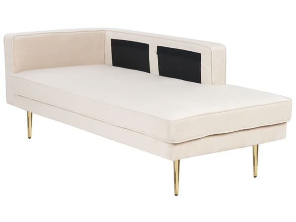 Chaiselong Beige Velour Guld Metalben Blød Moderne Daybed med Pølsepude Venstrevendt Tilbehør Inspiration Glamour Eklektisk Venstrevendt