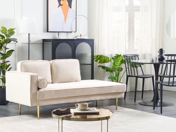 Chaiselong Beige Velour Guld Metalben Blød Moderne Daybed med Pølsepude Venstrevendt Tilbehør Inspiration Glamour Eklektisk Venstrevendt