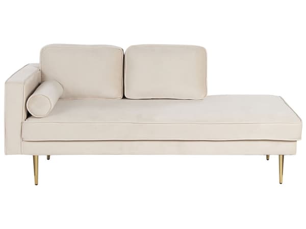 Chaiselong Beige Velour Guld Metalben Blød Moderne Daybed med Pølsepude Venstrevendt Tilbehør Inspiration Glamour Eklektisk Venstrevendt