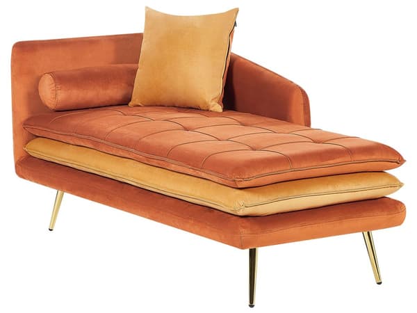 Chaiselong Orange Velour Daybed med Ryglæn Guld Metalben Gæsteseng Quiltet Multifunktionel Chaise Venstrevendt Sofa Moderne til Stuen