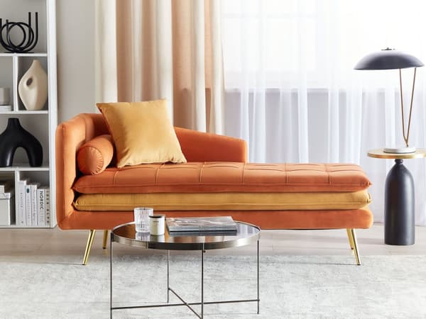 Chaiselong Orange Velour Daybed med Ryglæn Guld Metalben Gæsteseng Quiltet Multifunktionel Chaise Venstrevendt Sofa Moderne til Stuen