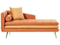Miniatyrbillede 1 af 10: Chaiselong Orange Velour Daybed med Ryglæn Guld Metalben Gæsteseng Quiltet Multifunktionel Chaise Venstrevendt Sofa Moderne til Stuen