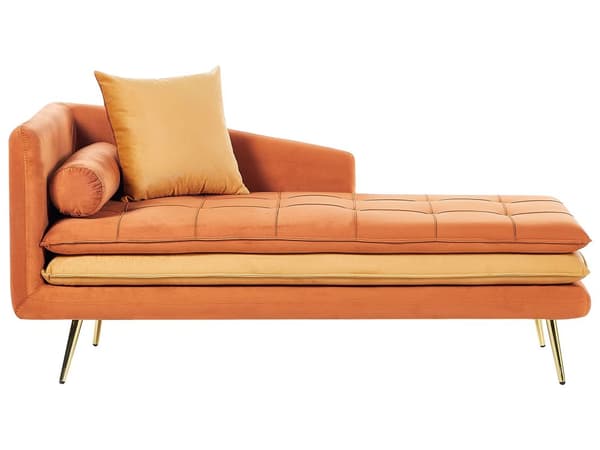 Chaiselong Orange Velour Daybed med Ryglæn Guld Metalben Gæsteseng Quiltet Multifunktionel Chaise Venstrevendt Sofa Moderne til Stuen