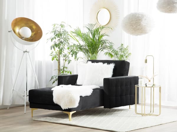 Chaiselong Sort Velour Tufted Stof Moderne Stue Liggende Dagseng Guld Ben Moderne Stil