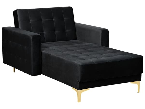 Chaiselong Sort Velour Tufted Stof Moderne Stue Liggende Dagseng Guld Ben Moderne Stil