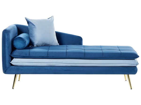 Chaiselong Blå Velour Daybed med Ryglæn Guld Metalben Gæsteseng Quiltet Multifunktionel Chaise Venstrevendt Sofa Moderne til Stuen