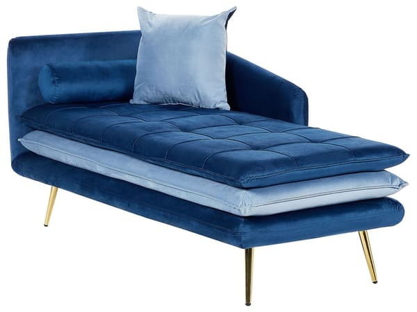Schäslong Blå Sammet Vänstervänd Tuftad Knäppt Krafitgt Vadderad med Kuddar Klassisk Design Vardagsrumsmöbler