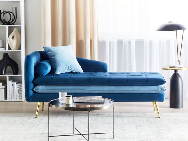 Schäslong Blå Sammet Vänstervänd Tuftad Knäppt Krafitgt Vadderad med Kuddar Klassisk Design Vardagsrumsmöbler