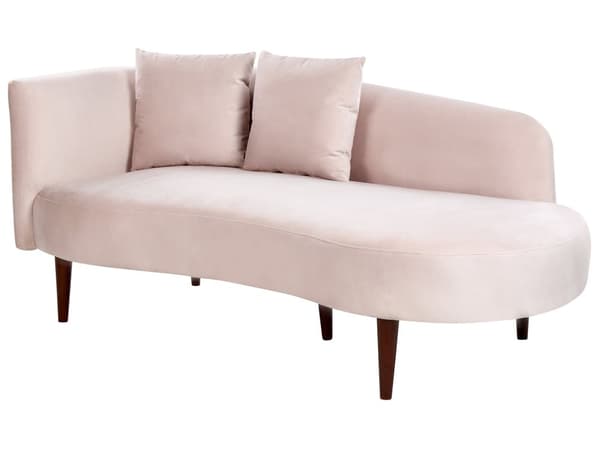 Chaiselong lyserød fløjl polyester polstring venstre hånd mørkt træ ben Ekstra pudepuder Moderne design Stue møbler
