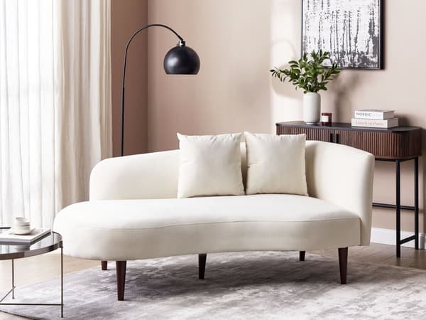 Chaiselong Creme Velour Polyester Polstring Højre Mørkt Træ Ben Ekstra Pudepuder Moderne Design Stue Møbler