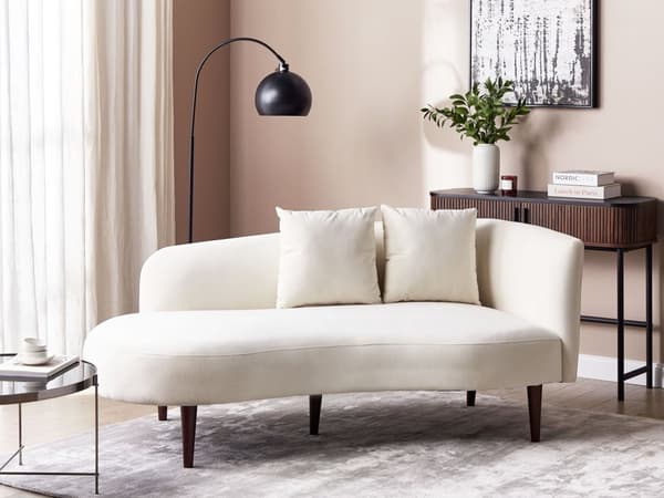 Schäslong Kräm sammet polyester klädsel högervänd mörka träben extra kastkuddar modern design vardagsrumsmöbler