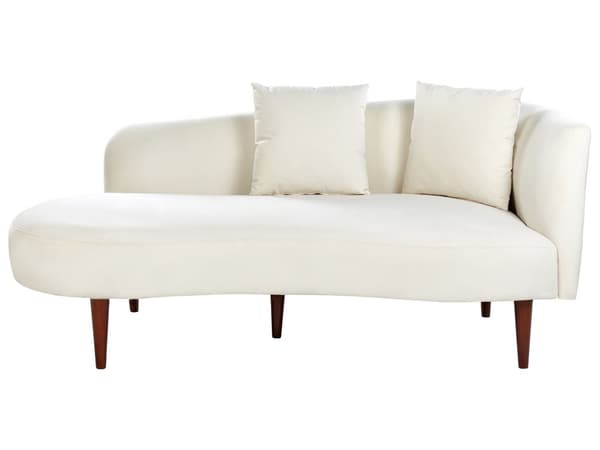 Schäslong Kräm sammet polyester klädsel högervänd mörka träben extra kastkuddar modern design vardagsrumsmöbler