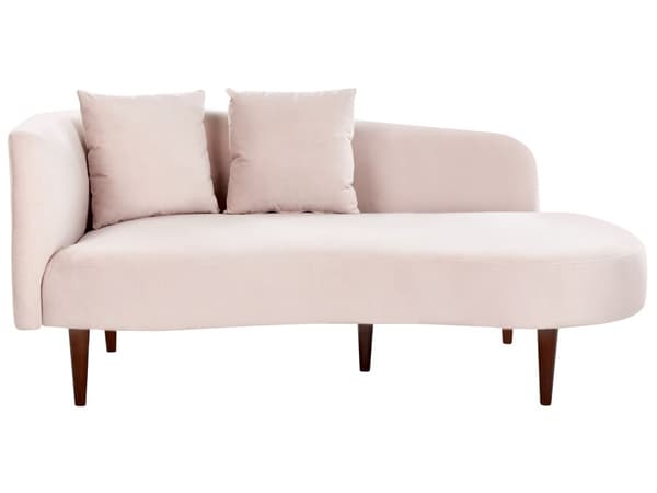 Schäslong Rosa sammet polyester klädsel vänstervänd mörka träben extra kastkuddar modern design vardagsrumsmöbler