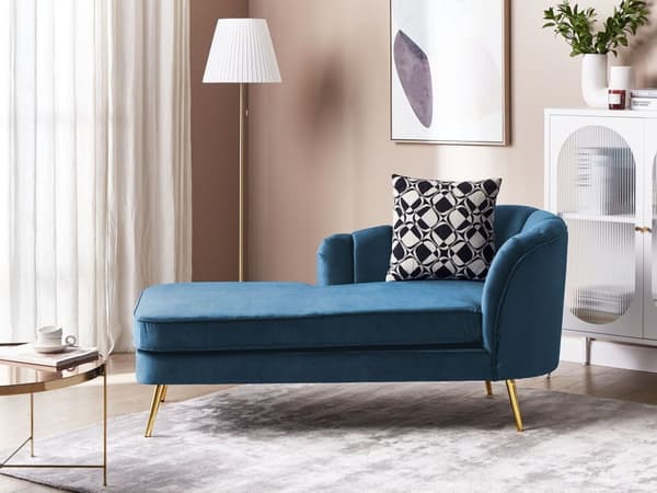 Chaiselong Marineblå Velour Daybed med Ryglæn Guld Metalben Gæsteseng Quiltet Multifunktionel Chaise Venstrevendt Sofa Moderne til Stuen