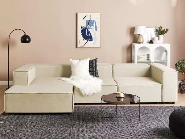 Beige polstret linned chaiselong højre hånd mørke ben moderne stil til stuen