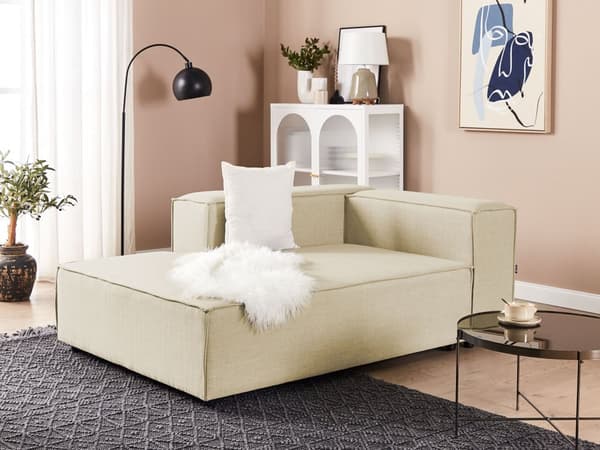 Beige polstret linned chaiselong højre hånd mørke ben moderne stil til stuen