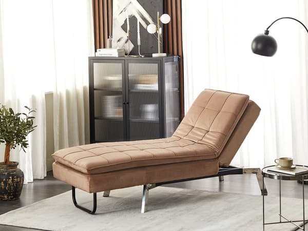 Chaiselong Lysebrun Velour Daybed med Justerbart Ryglæn Sølv Metalben Gæsteseng Quiltet Multifunktionel Chaise Sofa Moderne til Stuen