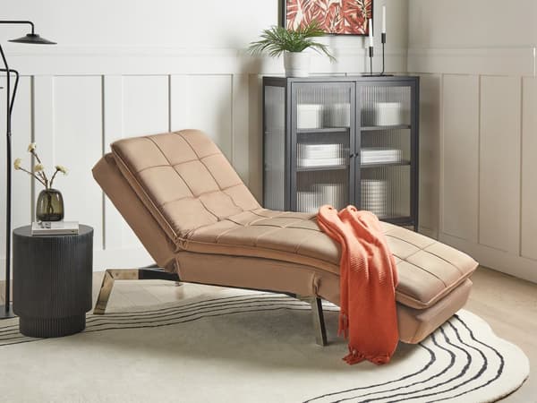 Chaiselong Lysebrun Velour Daybed med Justerbart Ryglæn Sølv Metalben Gæsteseng Quiltet Multifunktionel Chaise Sofa Moderne til Stuen