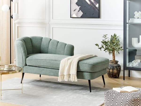 Divaani vihreä bukleeverhoilu rautajalat irrotettava päällinen vasen moderni glamour